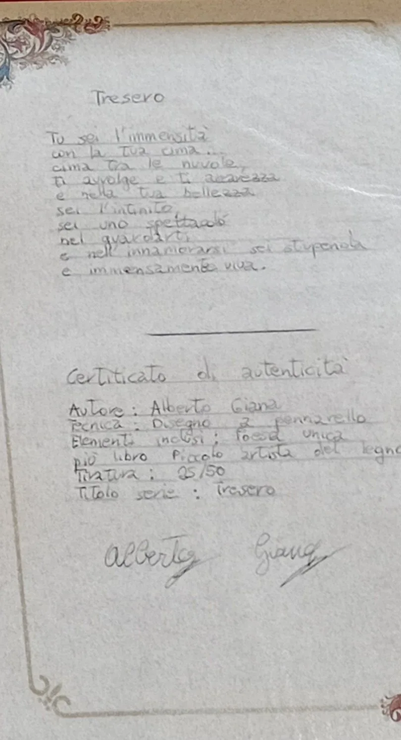 Certificato di autenticità scritto a mano: la poesia del pezzo, autore, tecnica, tiratura 25/50 e la firma di Alberto Giana